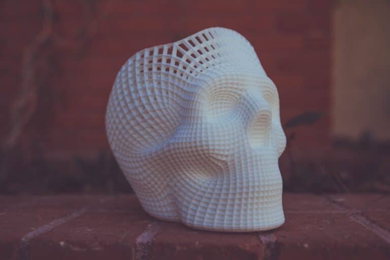 White 3D printed skull in pla filament